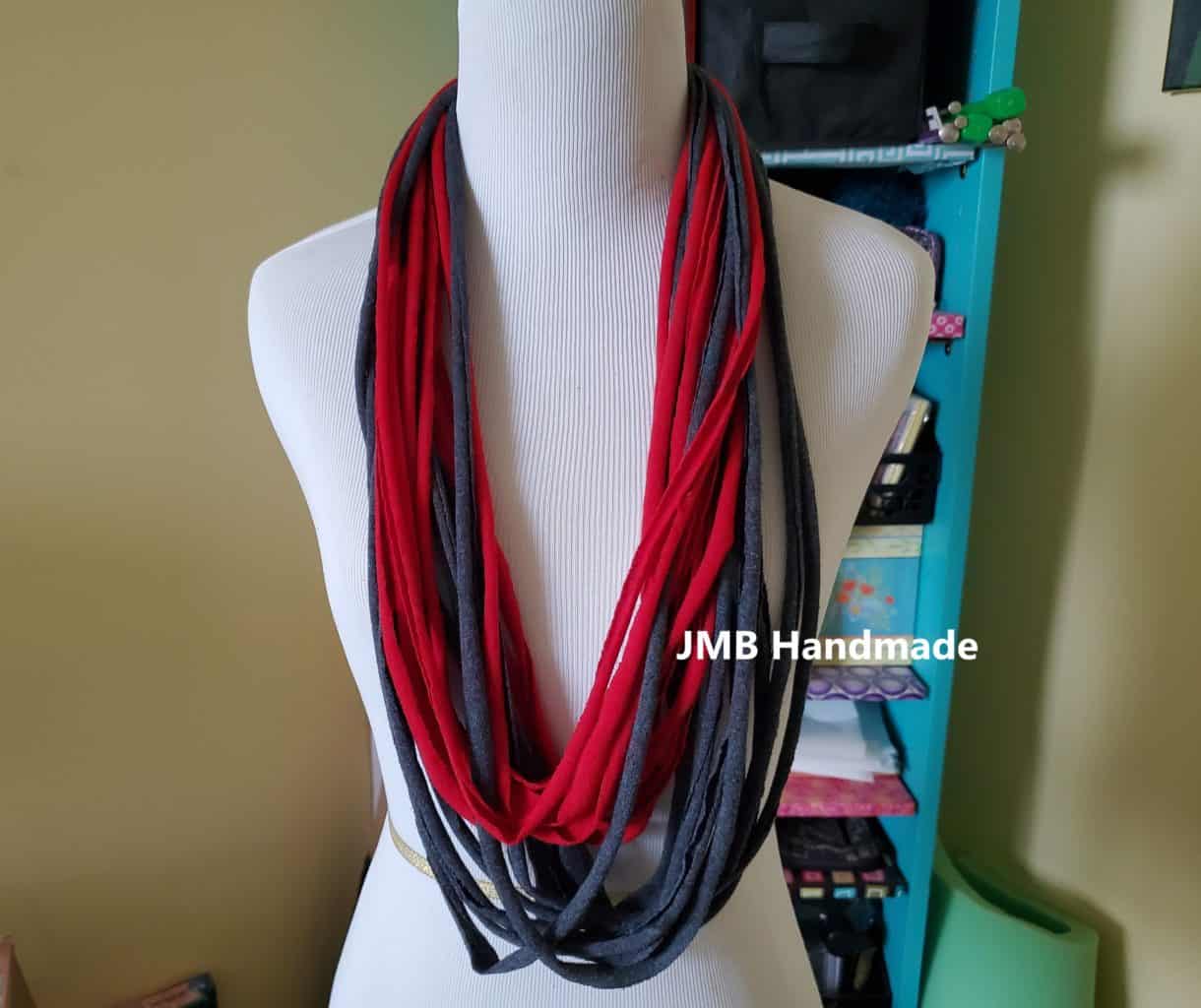 Red and gray infinity t-shirt scarf necklace