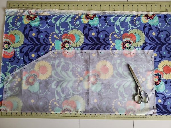 Image of apron template pinned to floral fabric