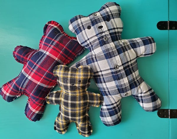 Finished teddy bear pillows in three sizes
