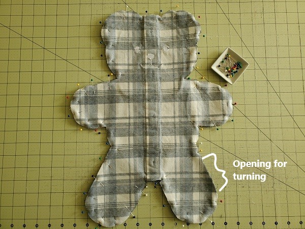 Pinned teddy bear ready to sew together