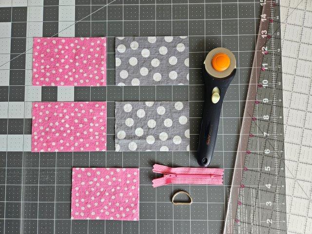 Fabric pieces cut for mini zipper pouch key chain