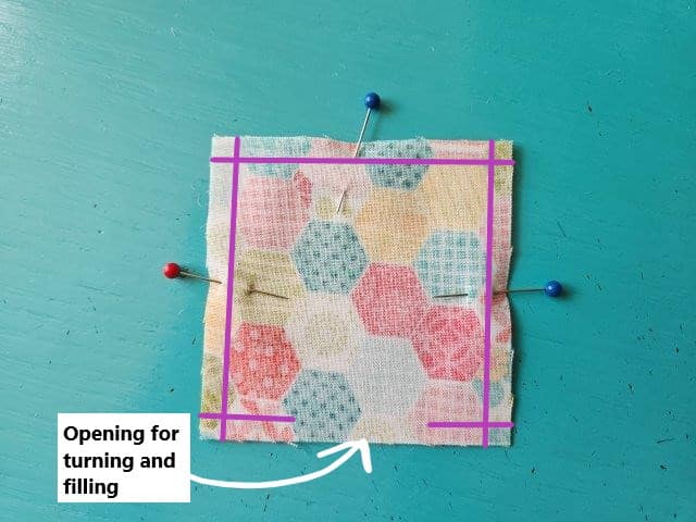 Pin fabric squares and sew leaving an opening for turning