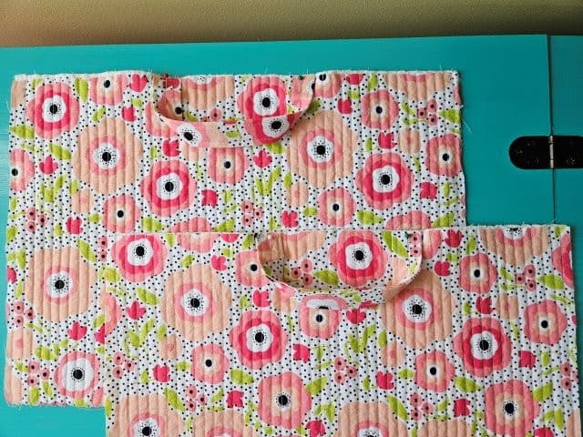 Picture of the straps basted to the outer fabric pieces