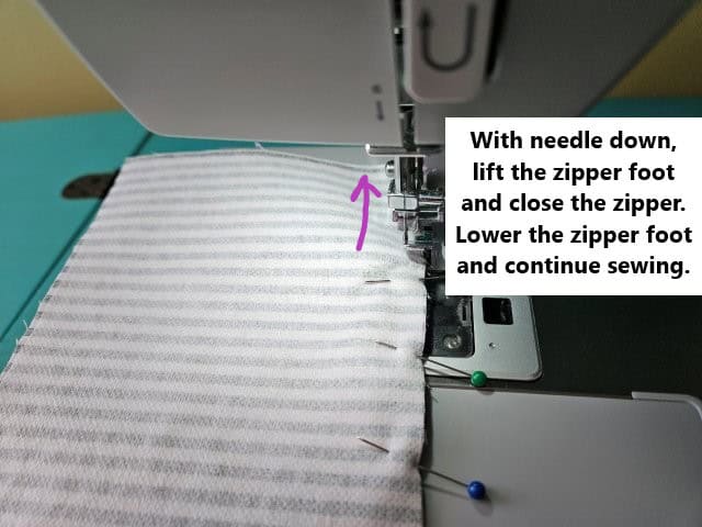 Close the zipper and continue sewing the zipper