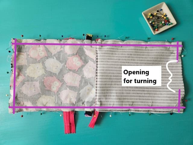 Sew around the perimeter of the bag, leaving an opening for turning