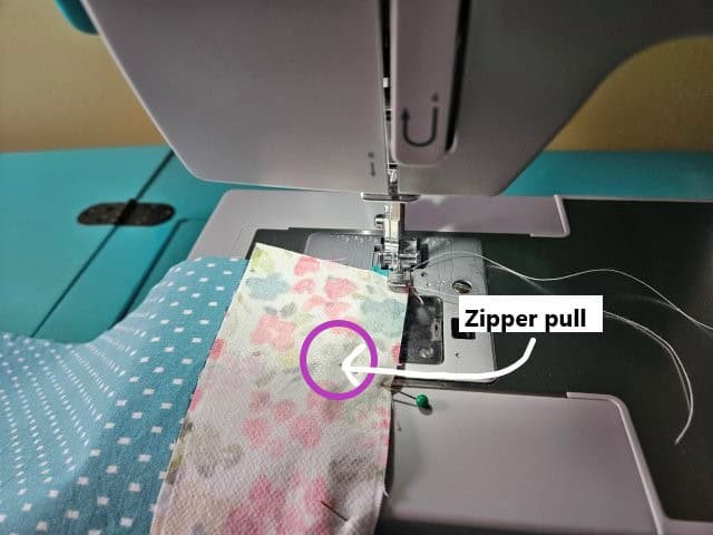 Picture showing placement of zipper pull before sewing