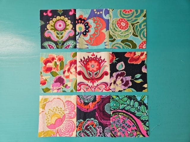 Patchwork squares sewn in rows