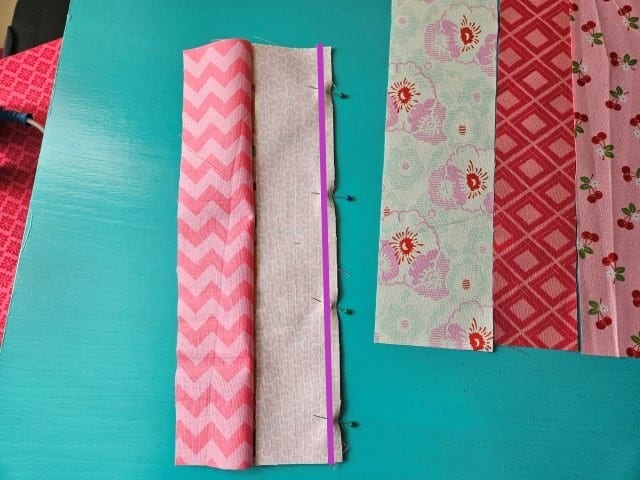 Sew along the right side of the fabric scraps