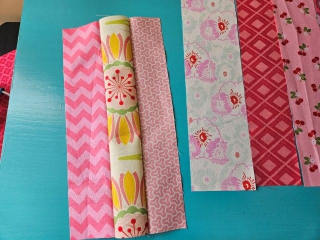 Three of the fabric scraps sewn together