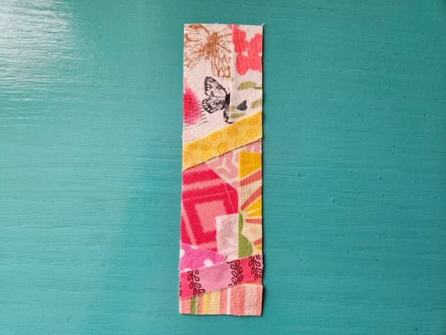 Picture of the scrap fabric bookmark with the fabric pieces trimmed
