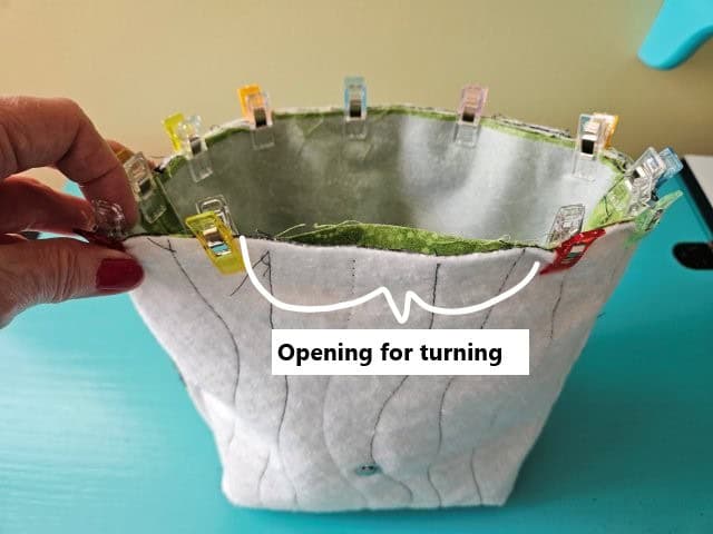 Pin around the top of the bag leaving an opening for turning