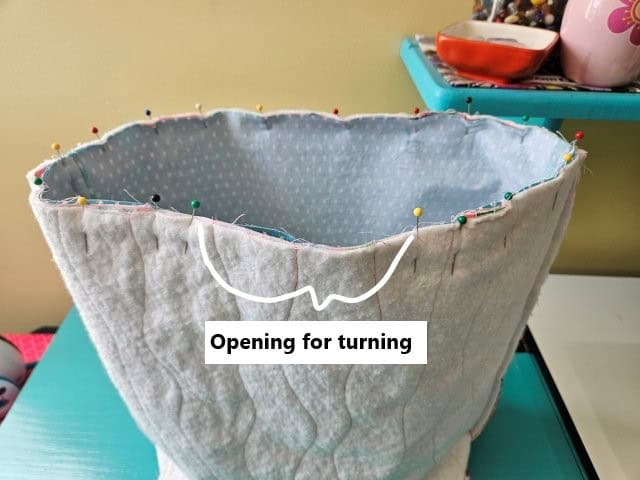 Pin around the top leaving an opening for turning