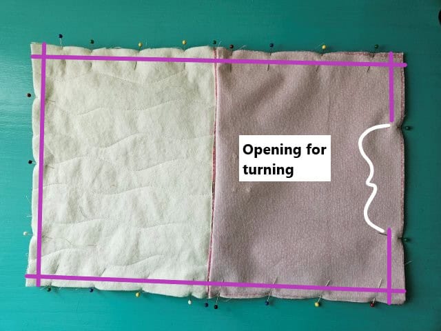 Sew around the perimeter of the quilted zipper pouch, leaving an opening for turning